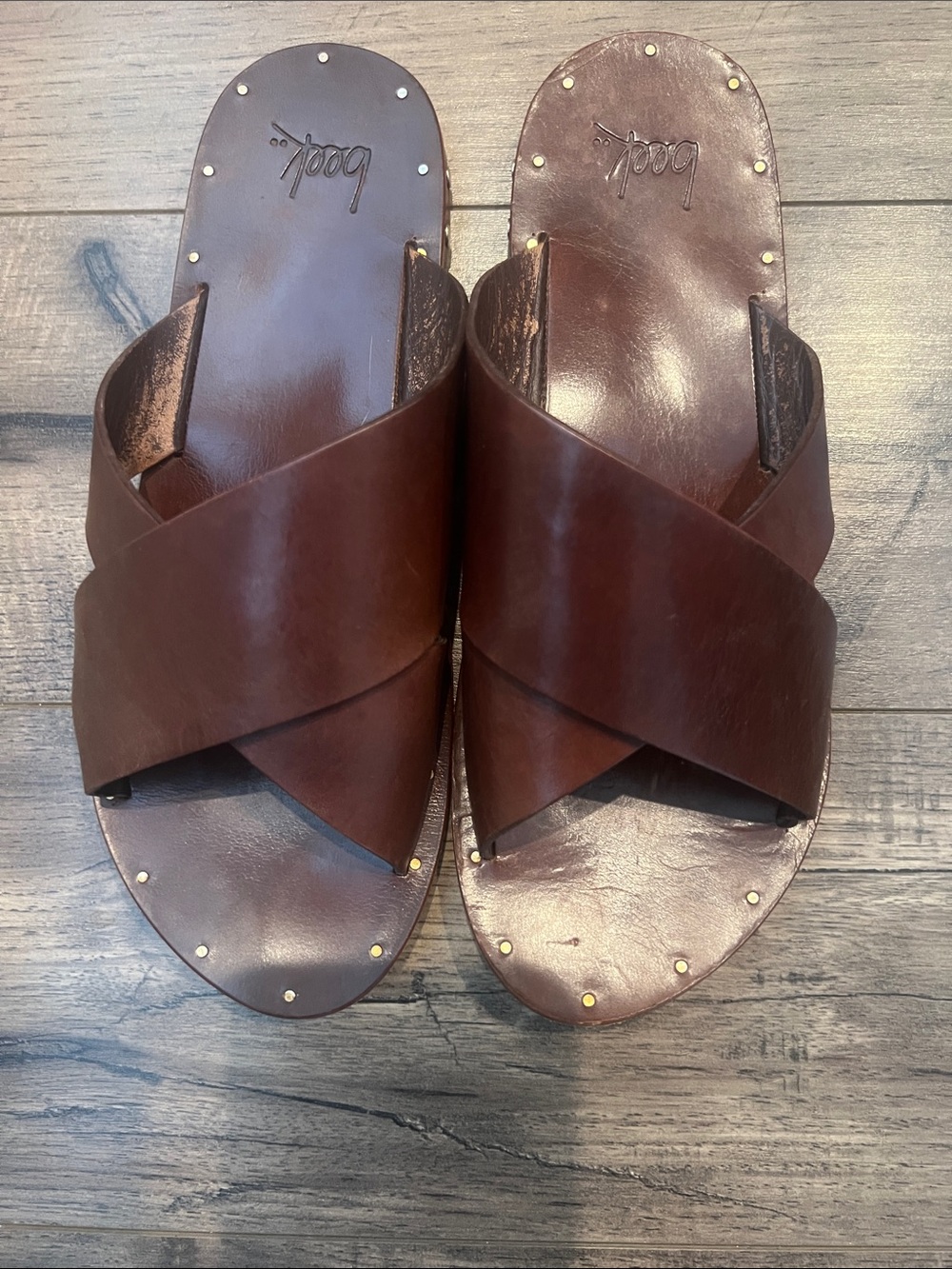 Beek Brown Leather Crisscross Women’s Slide Sandals with Brass Studs - Picture 2 of 4
